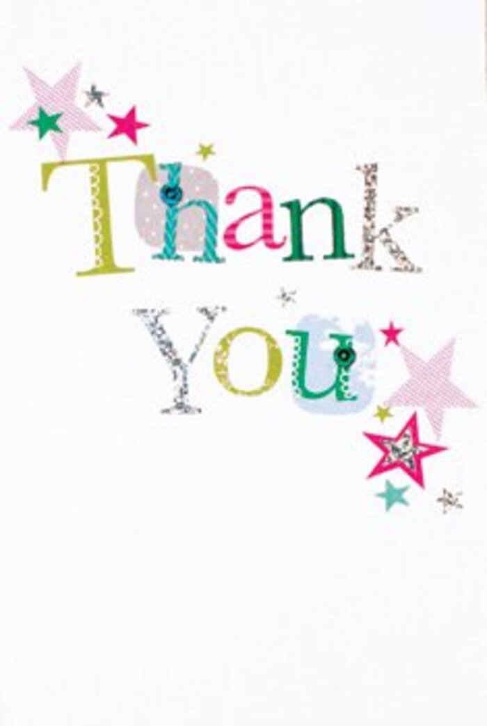 There's a gentle exuberance to this thank you card, whose graceful arrangement of vivid letters evokes the welcoming streets and hidden garden squares of Vauxhall. Each character is uniquely adorned-some with joyful polka dots, others with elegant curves or delicate stitched lines, all painted in hues of soft green, berry pink, breezy blue, and bright silver. Sparkling stars, some striped in pink or dusted with turquoise shimmer, gather playfully near the message, evoking the lighthearted air of riverside summer evenings or gatherings at Vauxhall Pleasure Gardens. The uncluttered white background is both modern and classic, allowing the letters and celebratory stars to float, bringing the sentiment to life with subtle animation. This card marries understated sophistication with a universal warmth, suited to any thoughtful expression of gratitude. Imagined as the perfect finishing touch to a bouquet delivered across Vauxhall's neighbourhoods, its design softly amplifies heartfelt thanks with every glance, capturing the same uplifting comfort as a friend's sincere gesture or flowers delivered just when they're needed most.