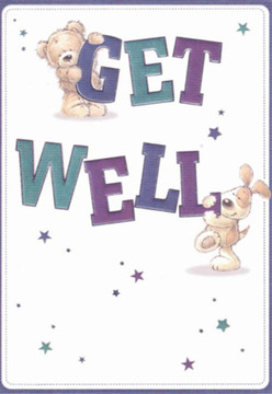 Brimming with comfort and optimism, this lively get well card echoes the spirit of Vauxhall's friendly community. The illustration comes alive with a snug teddy bear, gently resting atop the word 'GET,' and a playful puppy cozily engaged with 'WELL,' both characters painted with a warmth that feels almost as inviting as a hand-tied bouquet from a Vauxhall florist. Their rounded forms and expressive eyes convey the sincerity found in a heartfelt get well visit. Bold letters shaded in deep purples and teals deliver visual punch, while a sweep of scattered stars-varying from soft violet to vibrant turquoise-dances across a pristine white canvas, reminiscent of clear city mornings above Albert Embankment. Every detail of fur and brushstroke seems to communicate the softness and hopefulness that comes from sending encouragement to someone you care about. The fresh, airy mood is reminiscent of delivering a bright posy near Oval Station, aiming to lift the clouds from a loved one's day. Like a thoughtfully designed floral arrangement, this card captures the magic and nurturing spirit of Vauxhall, reminding us that every gesture-big or small-matters when someone needs cheering up.
